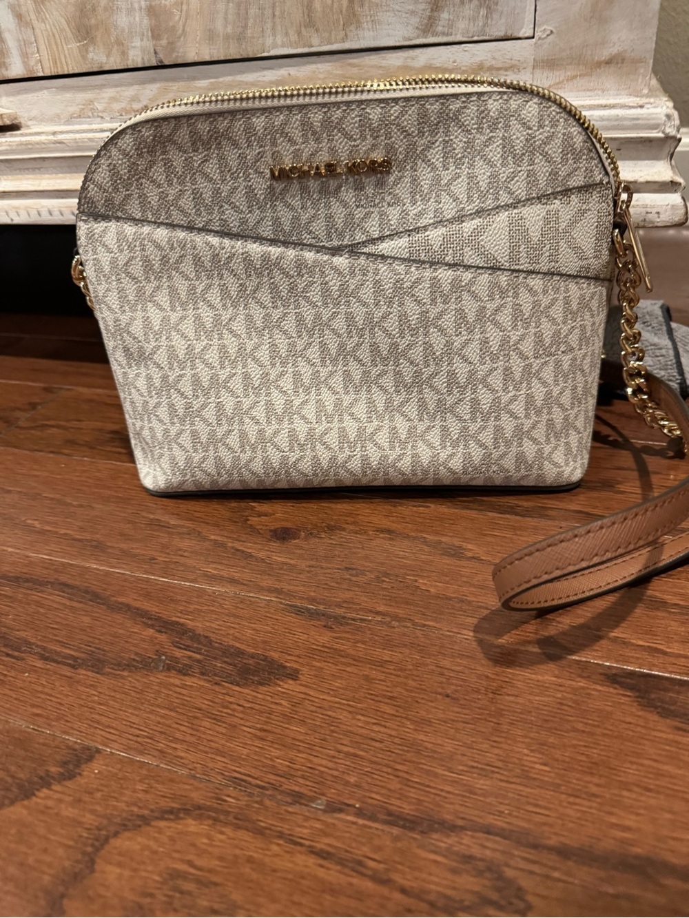 Michael Kors Signature Monogram Small Crossbody in Cream and Tan